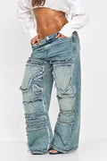 Women's Casual Patchwork Washed Raw Hem Trim Wide Leg Jeans