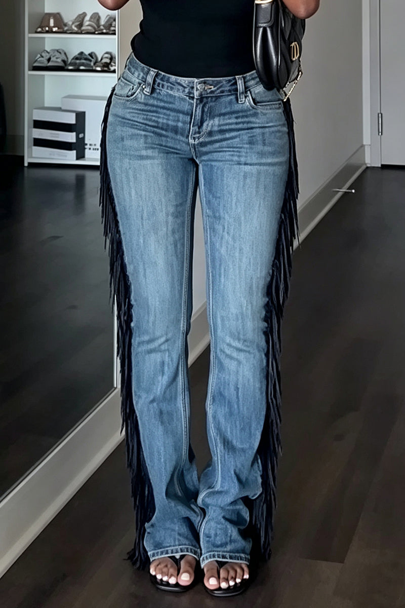 Women's Casual Side Fringe Decoration Jeans