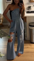 Ladies Shoulder Straps with Holes for Casual Wear Denim Jumpsuit