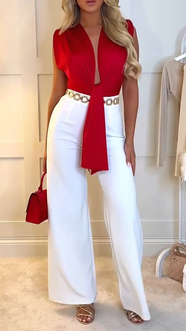 Women Deep V-neck Jumpsuit+ Pants Temperament Casual Suit