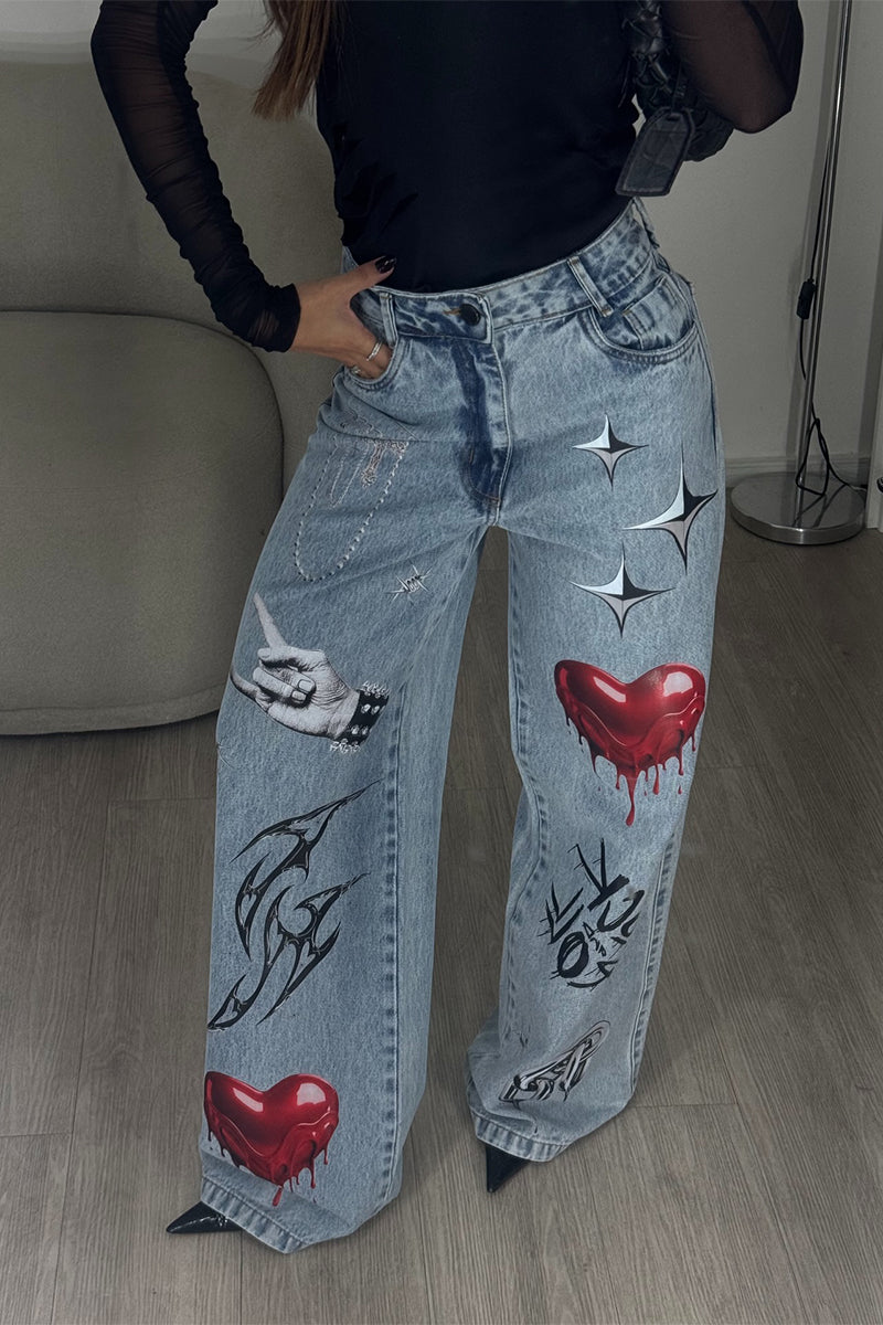 Women's Fashion Pattern Print Wide Leg Jeans