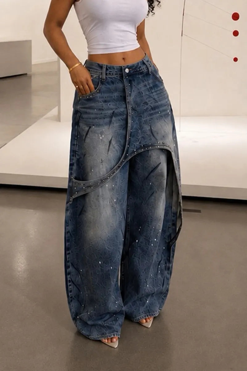 Women's Fashion Asymmetric Overlap Denim Wide Leg Pants
