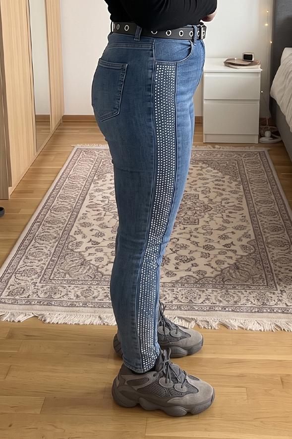 Women's High Rise Skinny Jeans Sparkly Rhinestone Embellished Side Stripe Stretch Denim Pencil Pants Clubwear