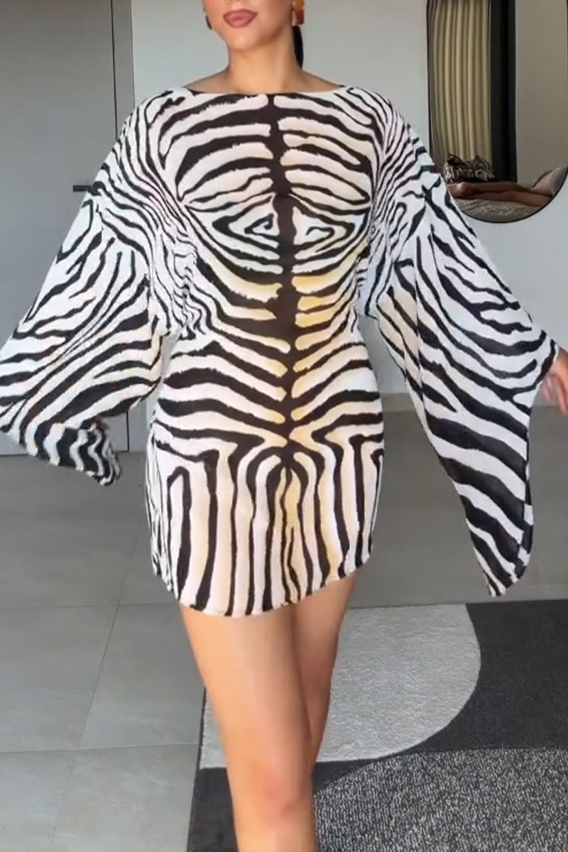 Women's Elegant Flowing Sleeve Zebra Pattern Mini Dress