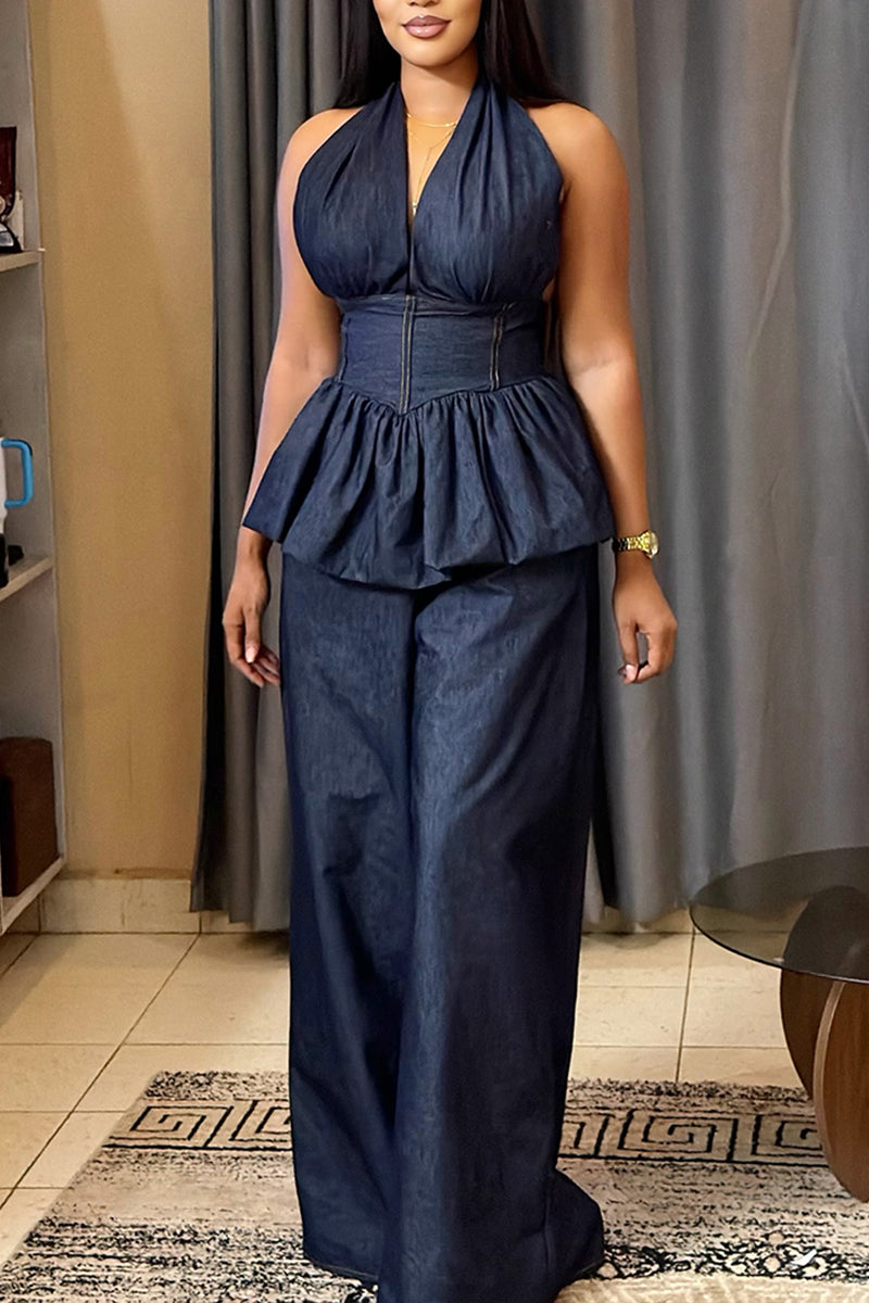 Women's Fashion Waist Cinching Denim Vest or Wide Leg Jeans