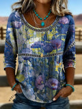 Women's Vintage Print Casual 3/4 Sleeves Hollow Denim Shirt