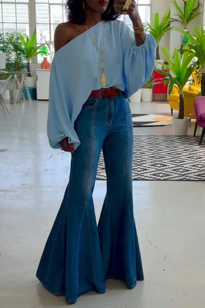 Women's Round Neck Solid Color Top or Washed Water Spliced Flared Jeans