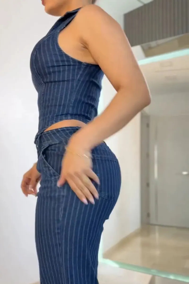 Women's Casual Stripe Zipper Vest or Wide Leg Jeans