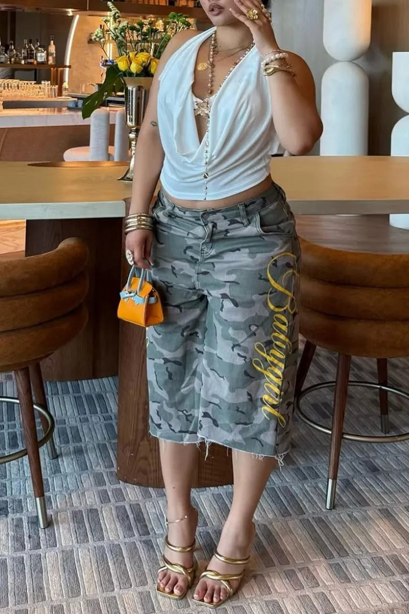 Women Grey Green Camo High Waist Side Yellow Script Letter Raw Hem Wide Leg Denim Capri