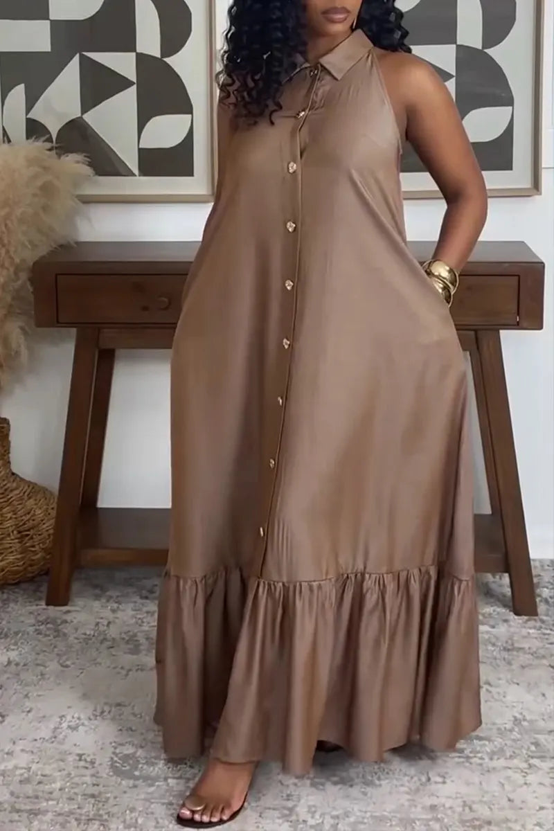 Women's Casual Single Breasted Flounce Hem Denim Dress