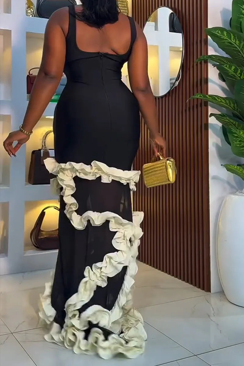 Women's Elegant Color Block Ruffle Hem Trim Maxi Dress