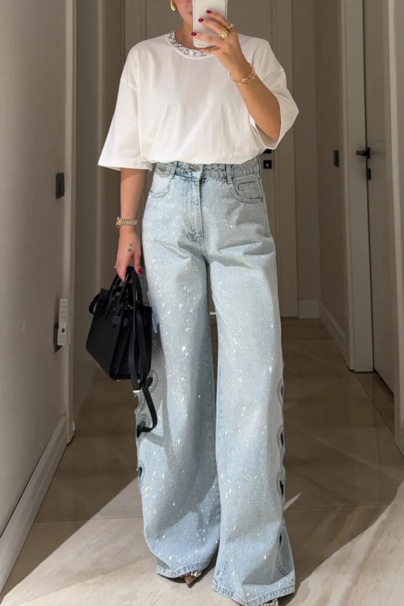 Women's Fashion Rhinestone Heart Cutout Trim Wide Leg Jeans