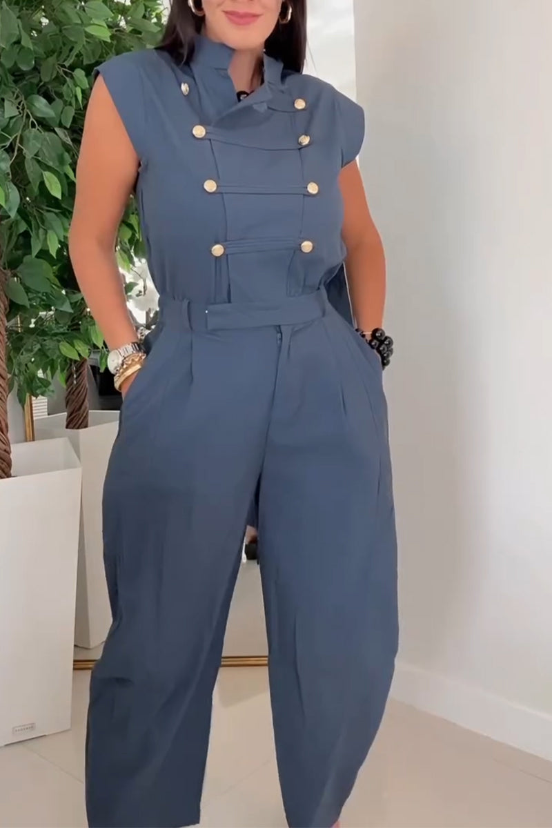 Women's Round Neck Double Breasted Waist Cinched Casual Jumpsuit