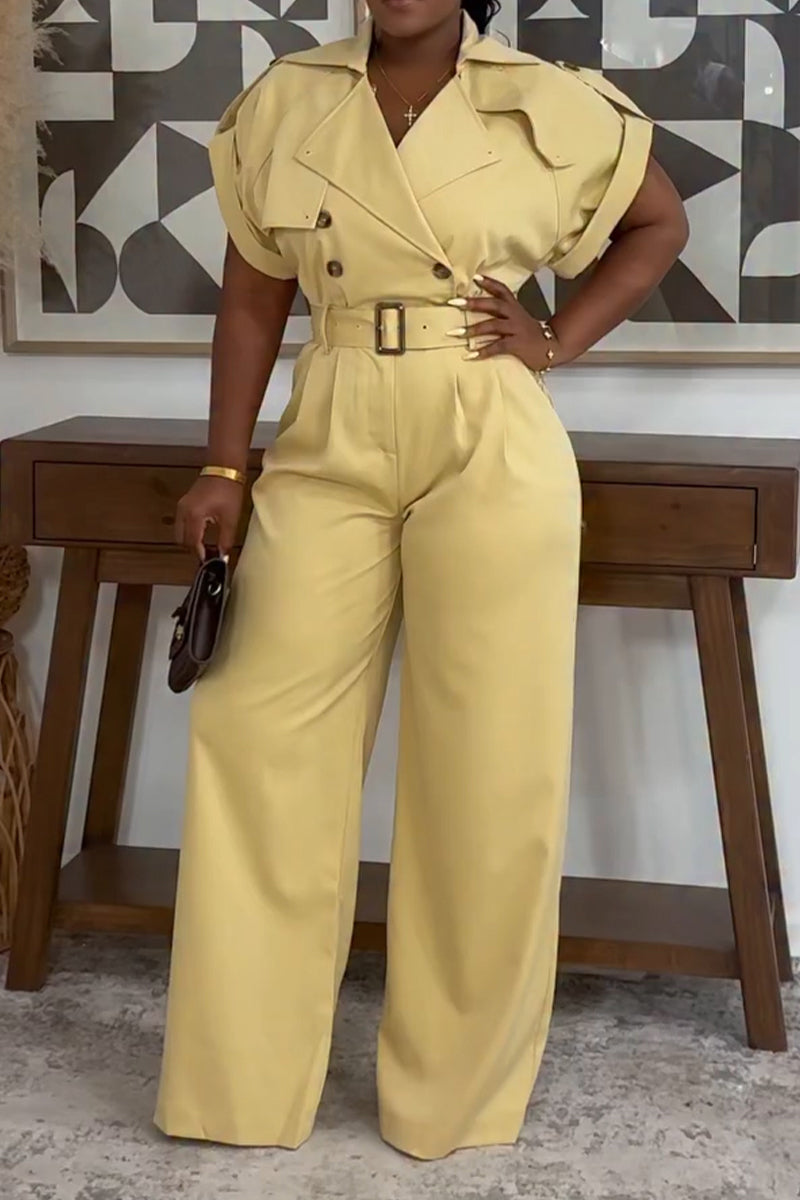 Women's Casual Commuter Lapel Double-Breasted Long Jumpsuit with Belt