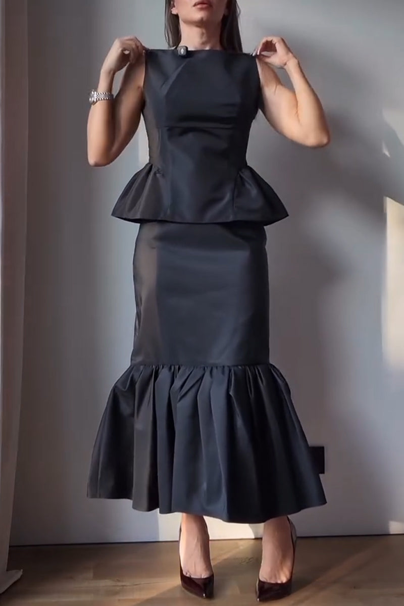 Women's Round Neck Sleeveless Waist Cinched Top+ Half Skirt Solid Color Elegant Temperament Set