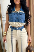 Women's Collar Patchwork Denim Top or Casual Wide Leg Pants