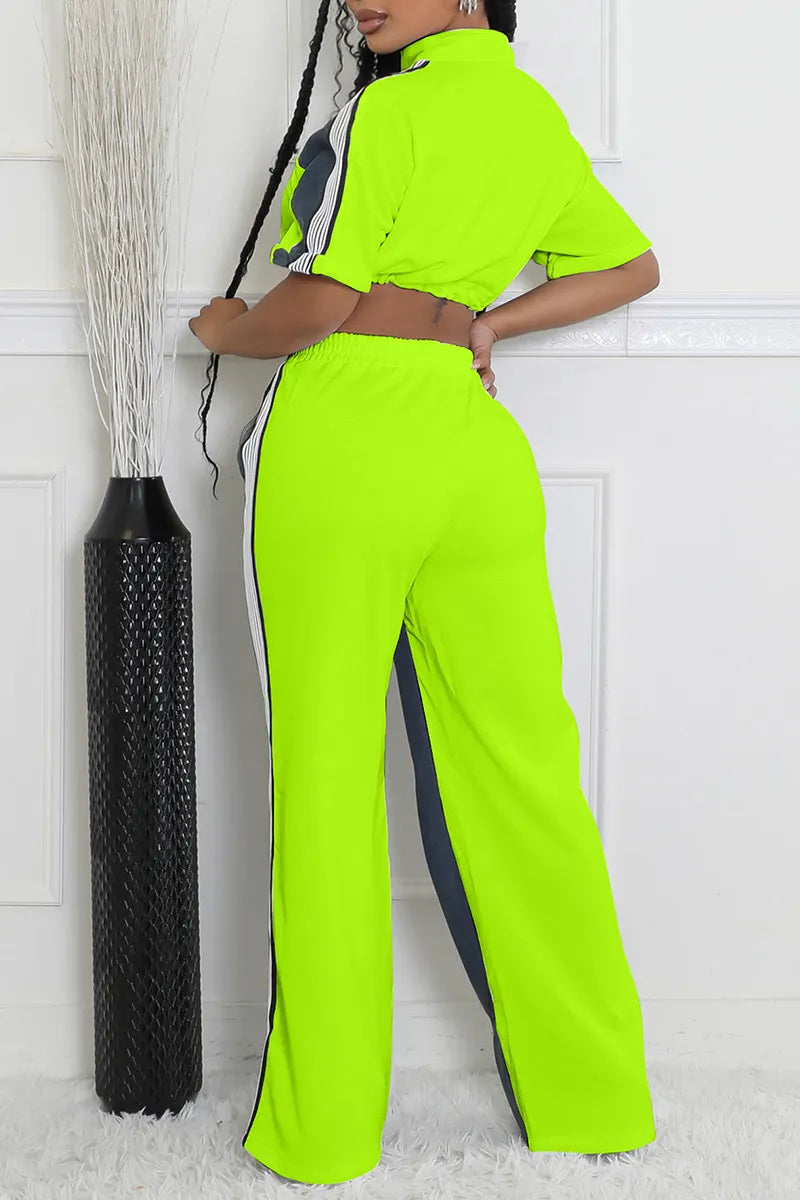 Women's Denim Patchwork Stand Collar Top & Color Block Pants Set