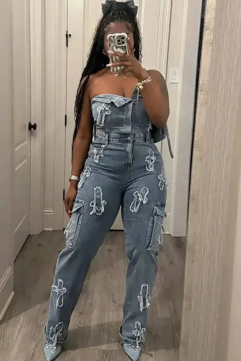 Hot Selling Sexy Strapless Denim Workwear Jumpsuit For Women