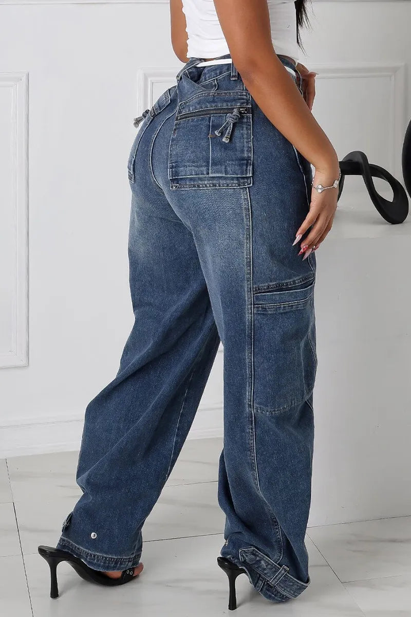 Women's Casual Multi Pocket Wide Leg Jeans With Cuffed Hems