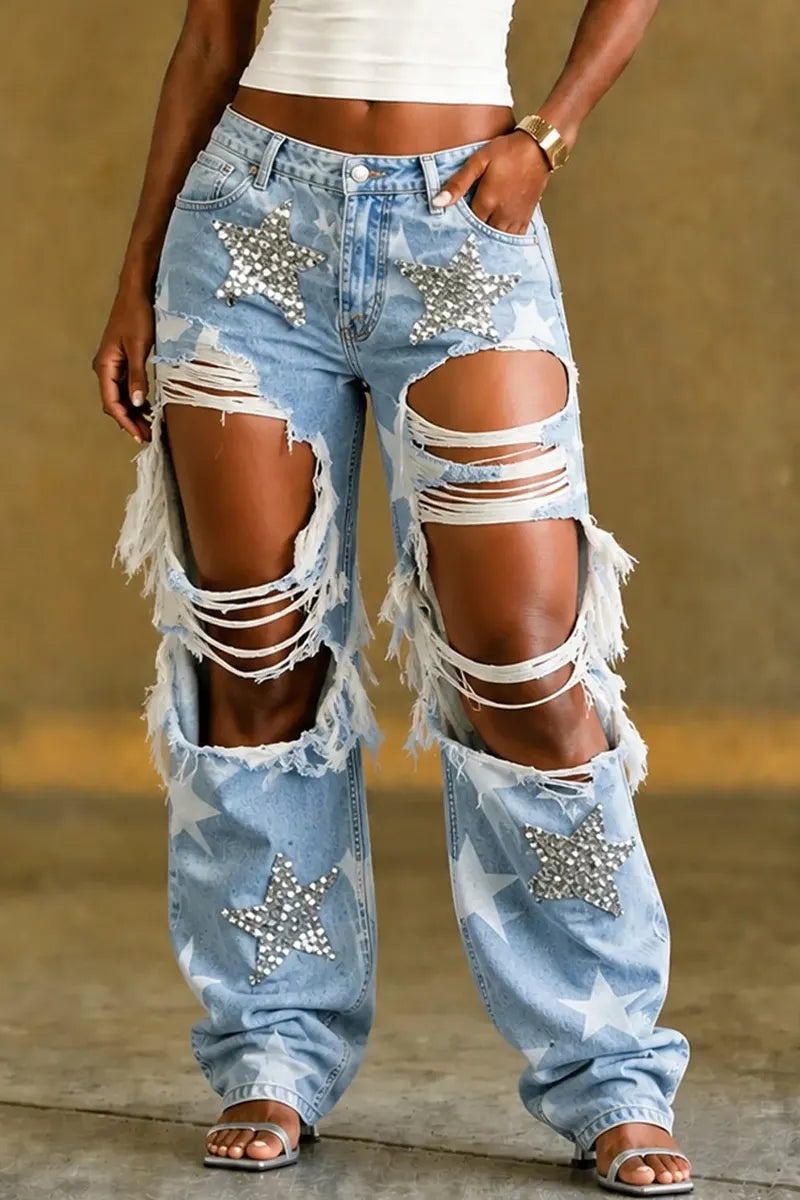 Women's Star Rhinestone Print Ripped Casual Jeans
