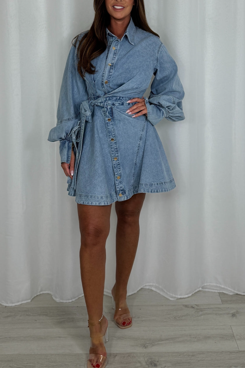 Women Denim Pleated Long Sleeve Belted Dress