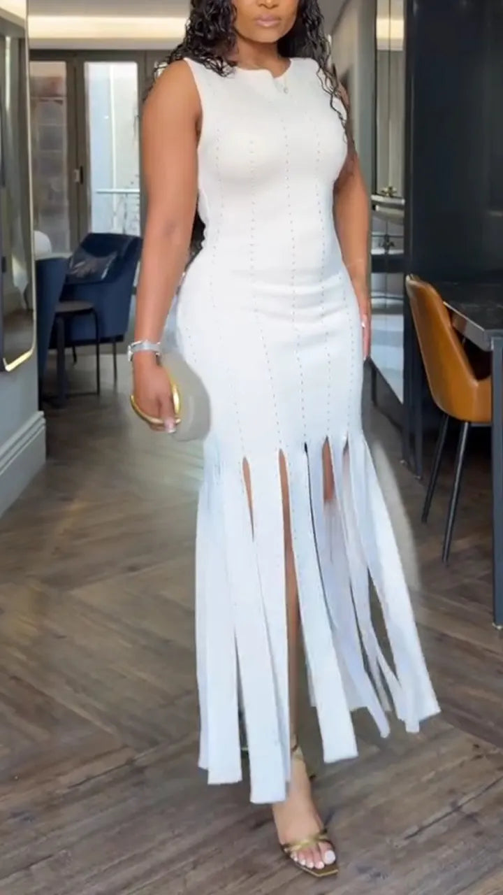 Women Round Neck Slit Solid Color Casual Dress
