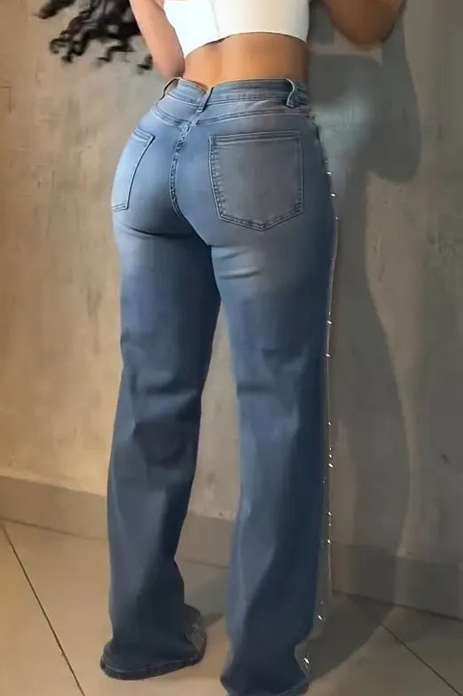 Fashion Sparkling Rhinestone Washed Wide Leg Jeans