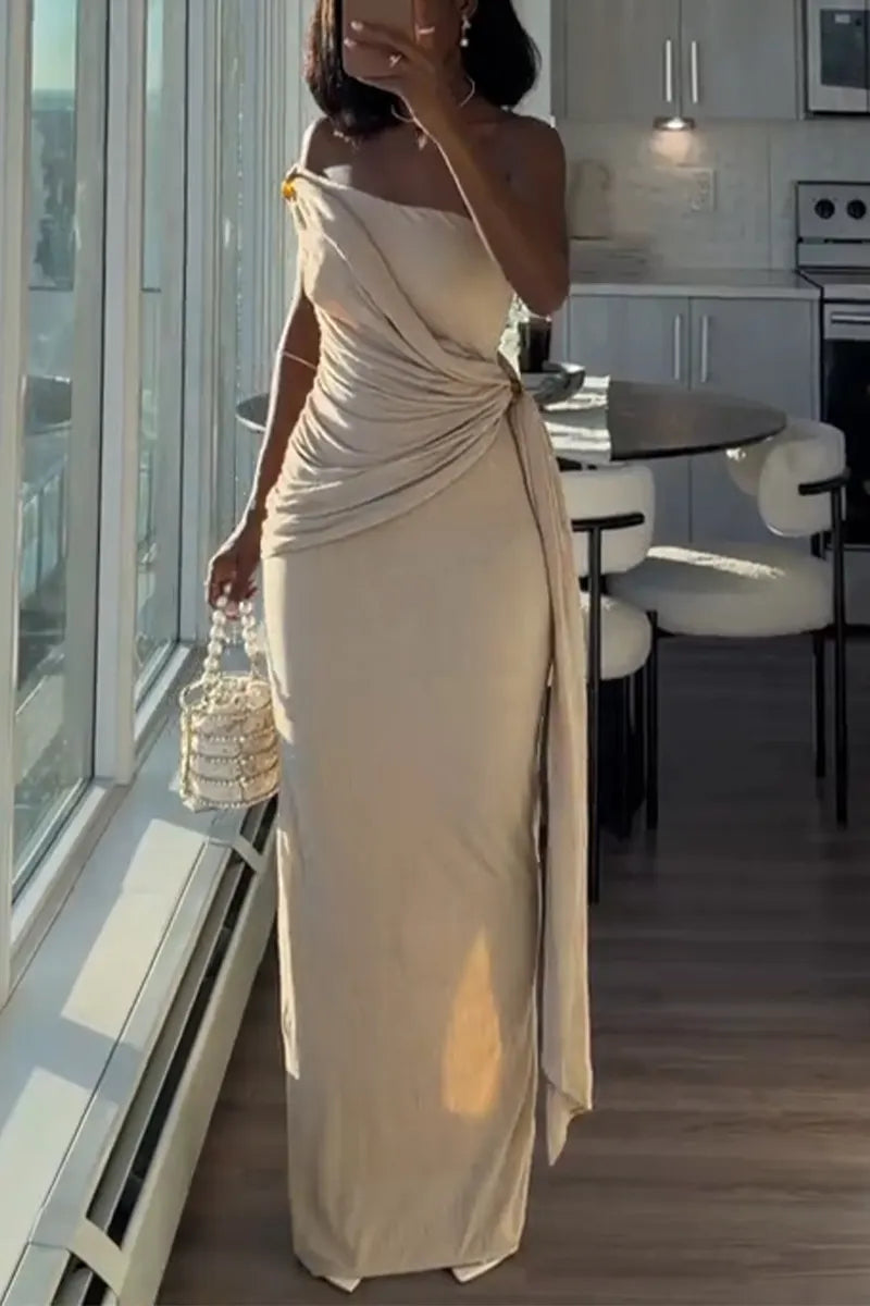 Women Slanted Shoulder Patchwork Slim and Elegant Temperament Dinner Party Style Dress
