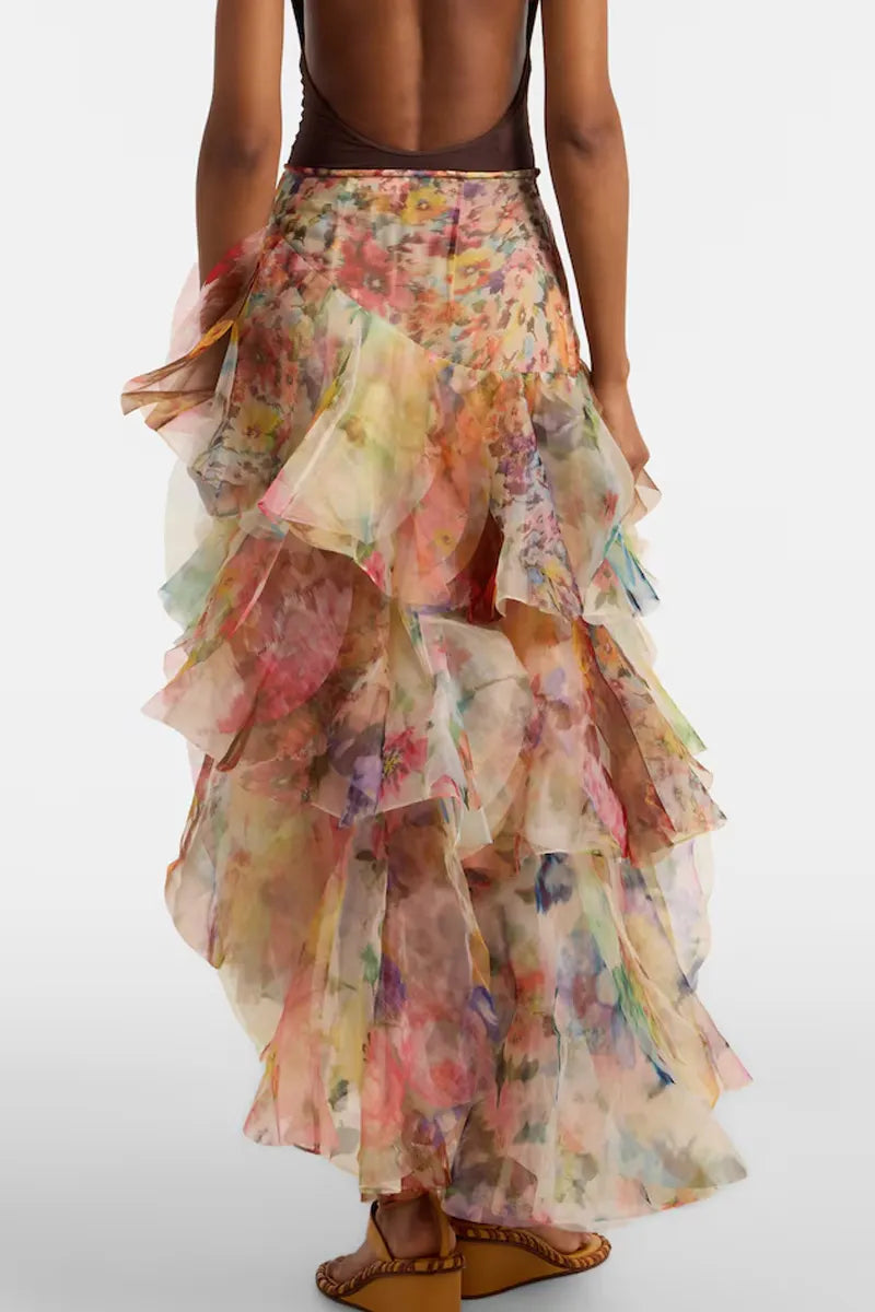 Women Watercolor Floral Print Organza Multi Layer Ruffle Asymmetrical Midi Skirt