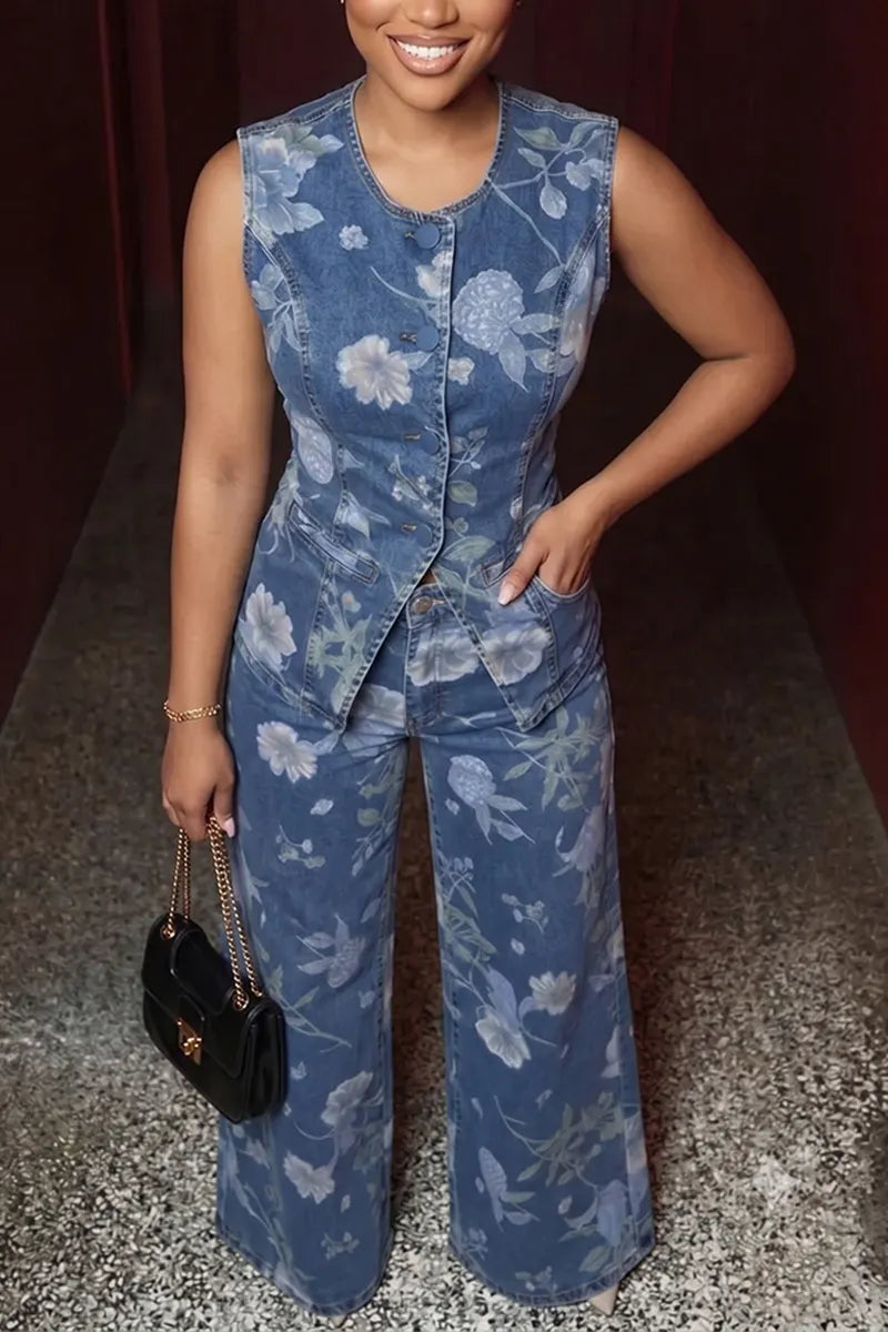 Women's Casual Printed Button Front Denim Vest or Wide Leg Jeans