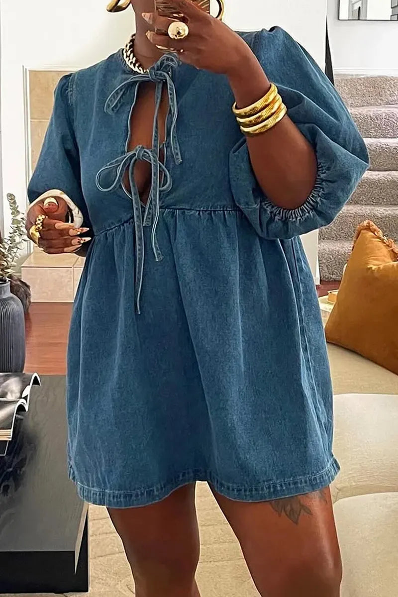Ladies' Hot Selling Casual Round Neck Bubble Sleeve Half Sleeve Bow Denim Mini Dress