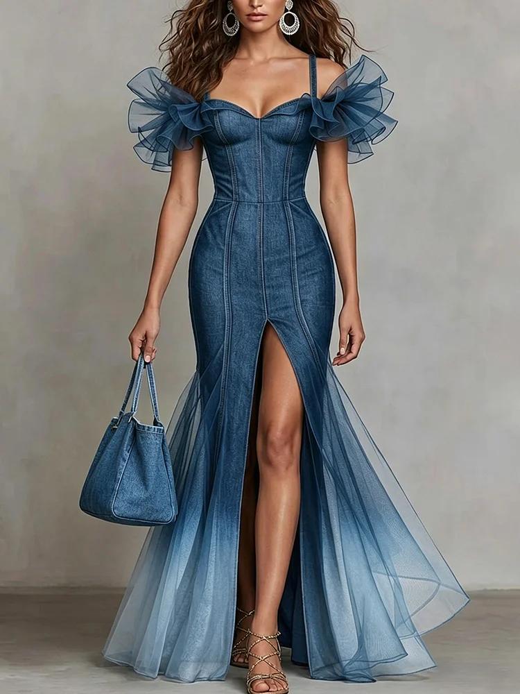 OmbrÃ© Denim And Mesh Fishtail Gown