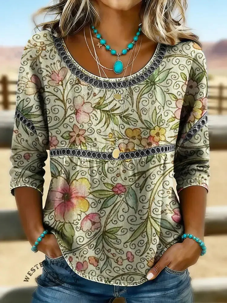 Women's Retro Flower Print Casual Short Sleeves Denim Shirt