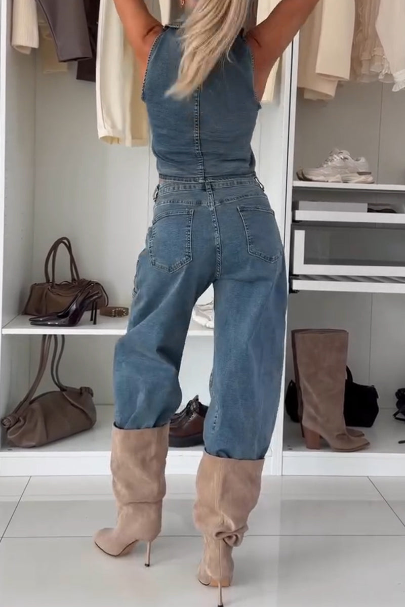 Women's Lapel Sleeveless Patchwork Round Button Denim Vest or Jeans