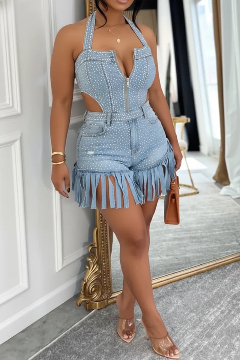 Hot Selling Women's Casual Zipper Rhinestones Denim Short Jumpsuit
