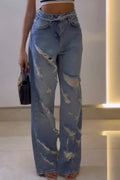 Women Multi Destroyed Frayed Ripped High Waist Wide Leg Floor Length Jeans