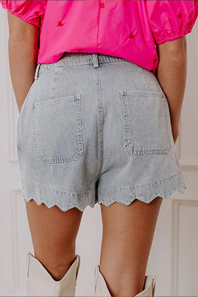 Ladies' Fashionable Casual Blue Wavy Hem Acid Washed High Waisted Denim Shorts With Waistline