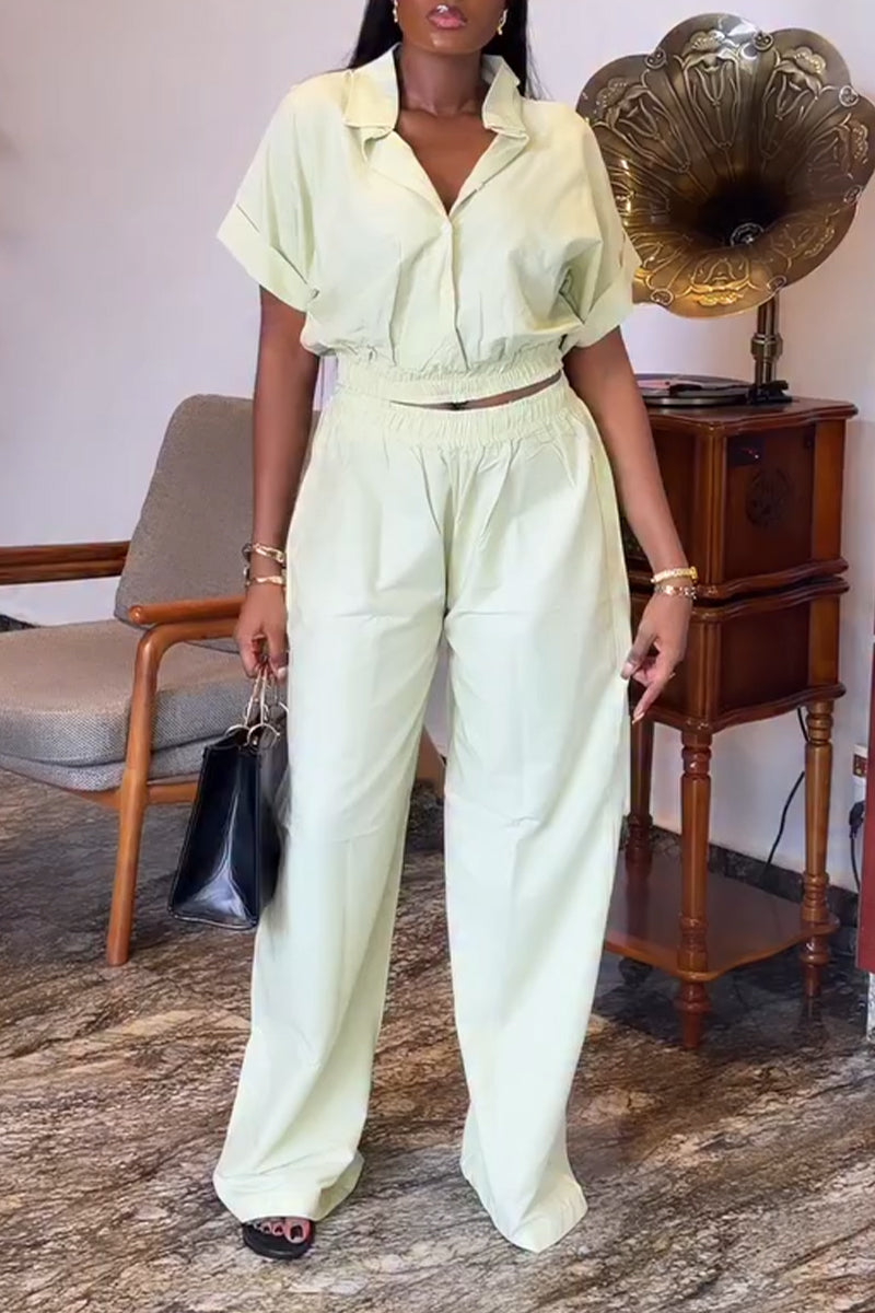 Women's Collar Top+ Pants Solid Color Casual Suit