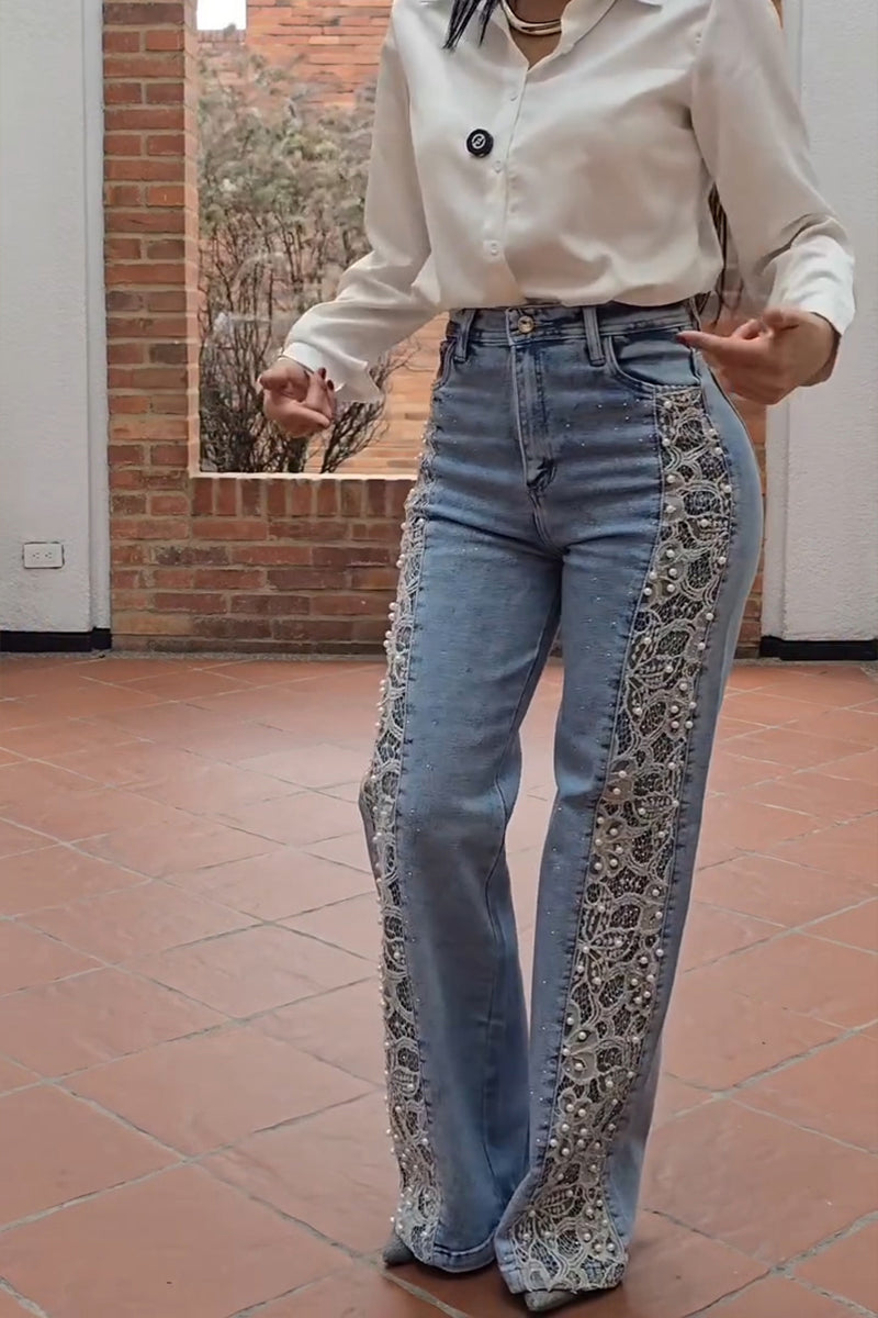 Women's Fashion Lace Patchwork Beads Decoration Wide Leg Jeans