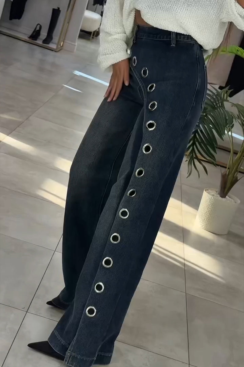 Women's Fashion Asymmetric Metal Hollow-Out Decoration Wide Leg Jeans