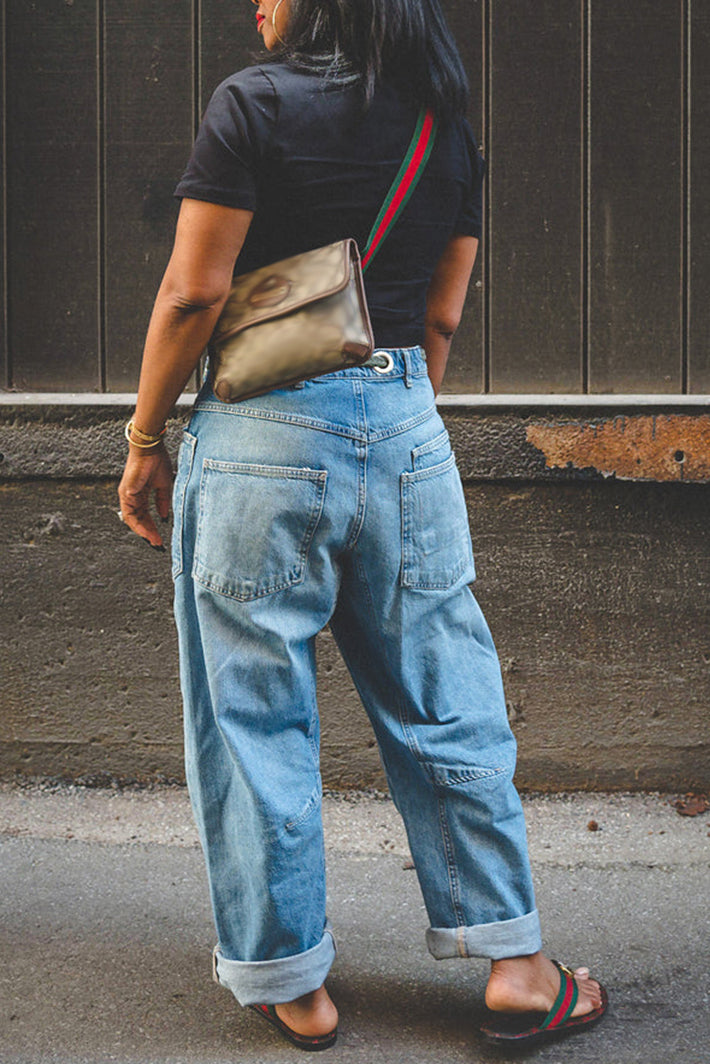 Women's Casual Patchwork Belted Wide Leg Jeans