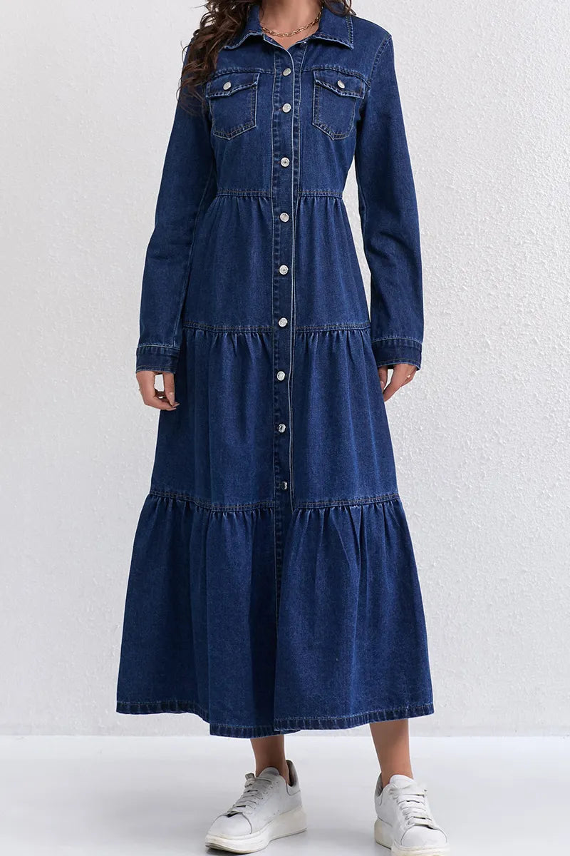 Women Lapel Stitching Buttoned Casual Denim Dress