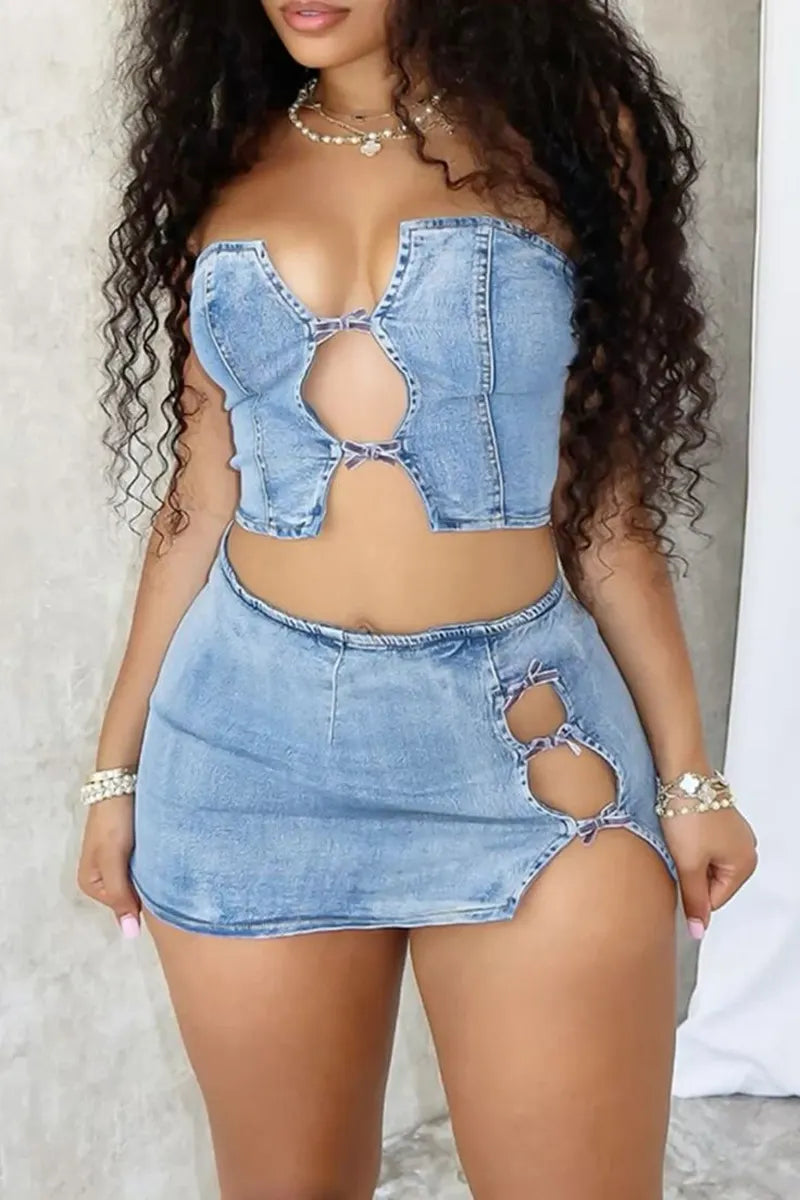 Ladies' Fashionable Casual Sexy Denim Top And Denim Shorts