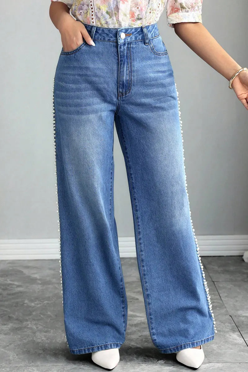 Ladie's Pearl-Embellished Lace Trim Jeans
