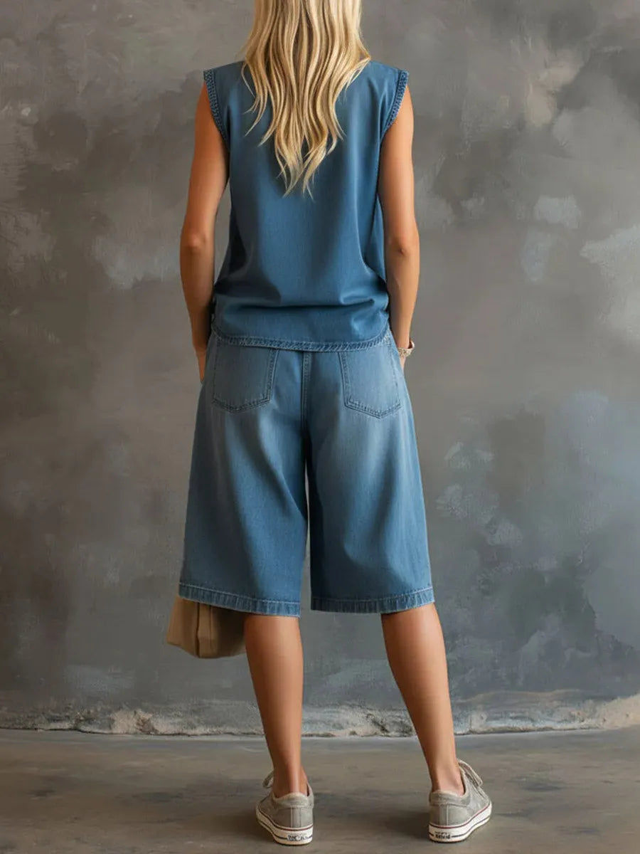 Women's V-neck Sleeveless Casual Loose Top With Elastic Waist Casual Loose Wide-leg Shorts Denim Set