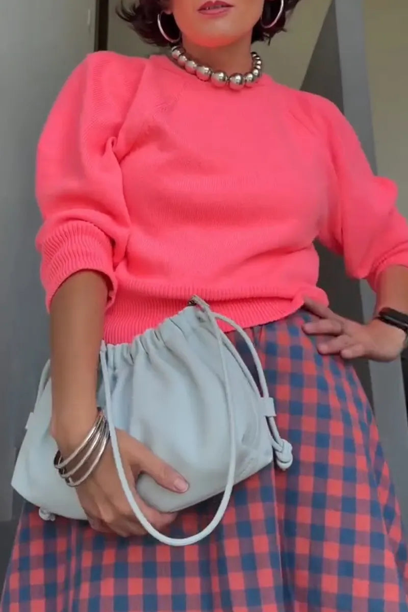 Women's Elegant and Casual Round Neck Knitted Solid Color Top or Plaid Skirt