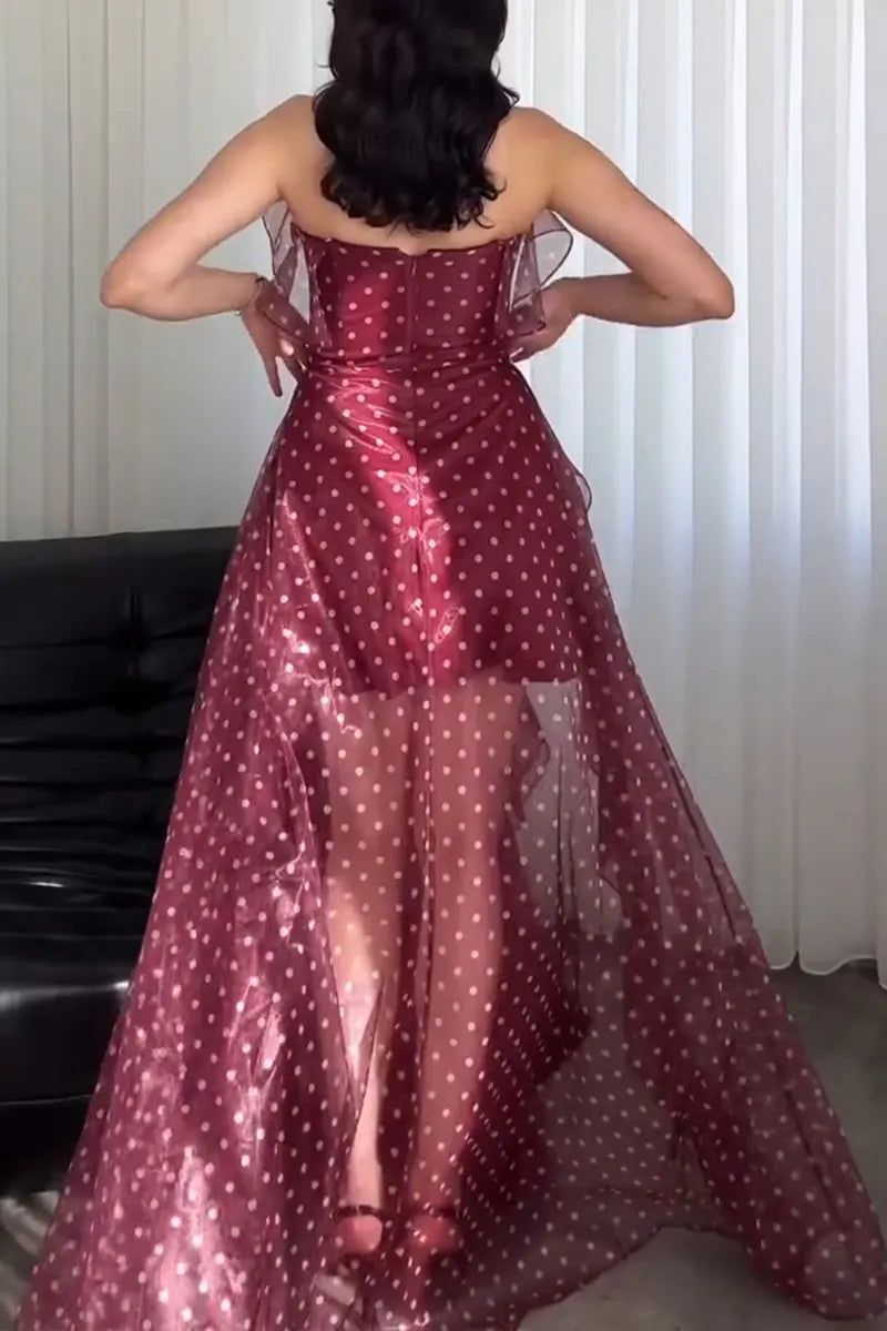 Women's Elegant Strapless Ruffle Decoration Mesh Polka Dot Maxi Dress