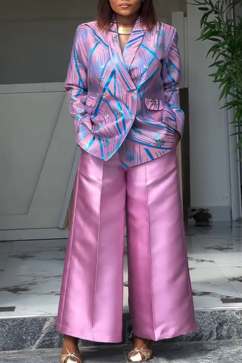Women's Collar Striped Printed Jacket or Glossy Wide Leg Pants