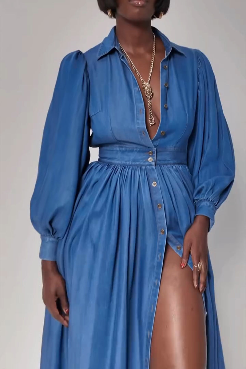 Women's Fashion Puff Sleeve Backless Single-Breasted Button Denim Maxi Dress