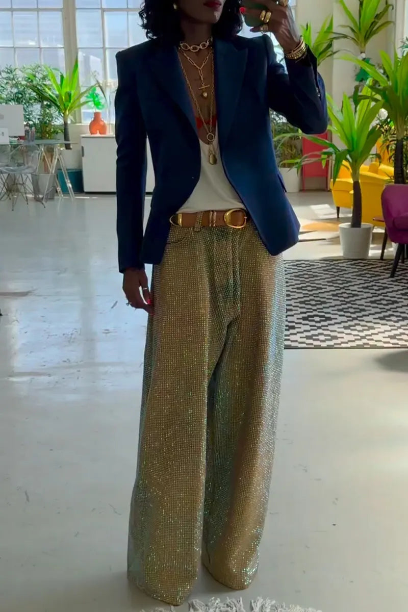 Women's Collar Solid Color Jacket or Full Diamond Shiny Pants